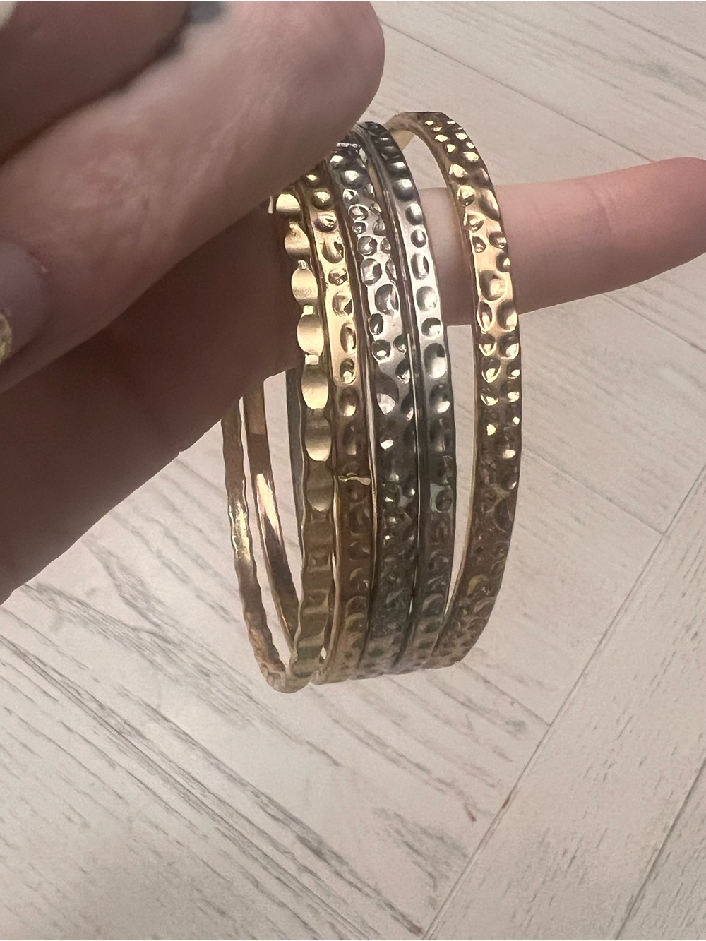 Stacked Hammered Metal Bangle Bracelets - Two-Tone Gold & Silver - Picture 3 of 3